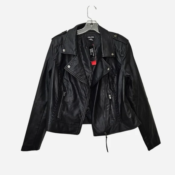 Black faux leather biker Jacket with braided details & zipper pockets womens XS - Picture 7 of 8